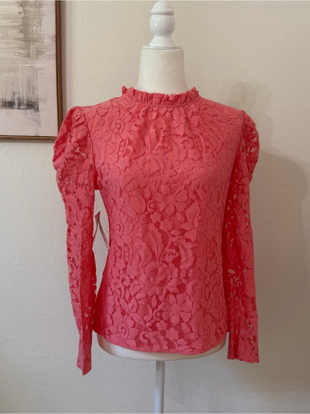 Rachel Parcell Coral Lace Long-Sleeve Ruffle Neck Top Size Small NEW